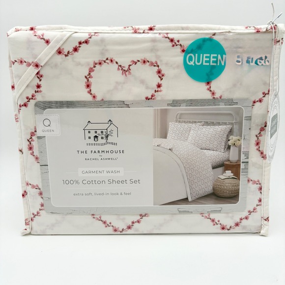 The Farmhouse Rachel Ashwell Heart Sheet Set Garment Wash 100% Cotton Queen - Picture 1 of 7